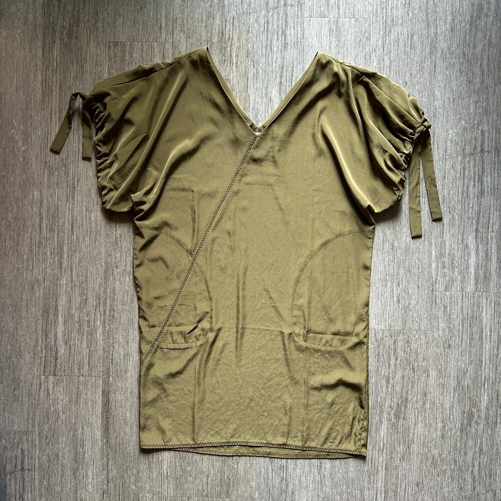 Label Rachel Roy Olive Green V-Neck Tied Puff Sleeves Shift Dress Size Large